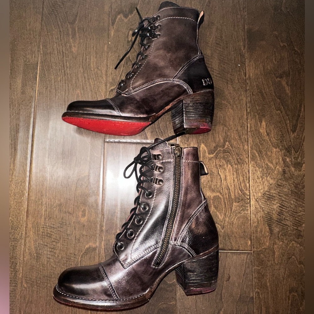 BED|STU Brown Lace-Up Leather Ankle Boots with Red Lining - Picture 8 of 16